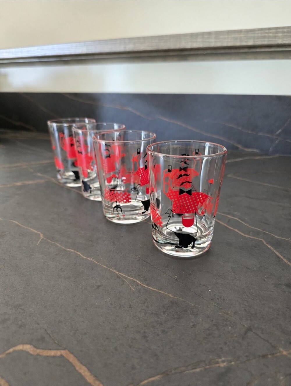 Retro MCM Red & Black Dancing Waiter Double Shot Glass 4 Pieces Whiskey Glasses